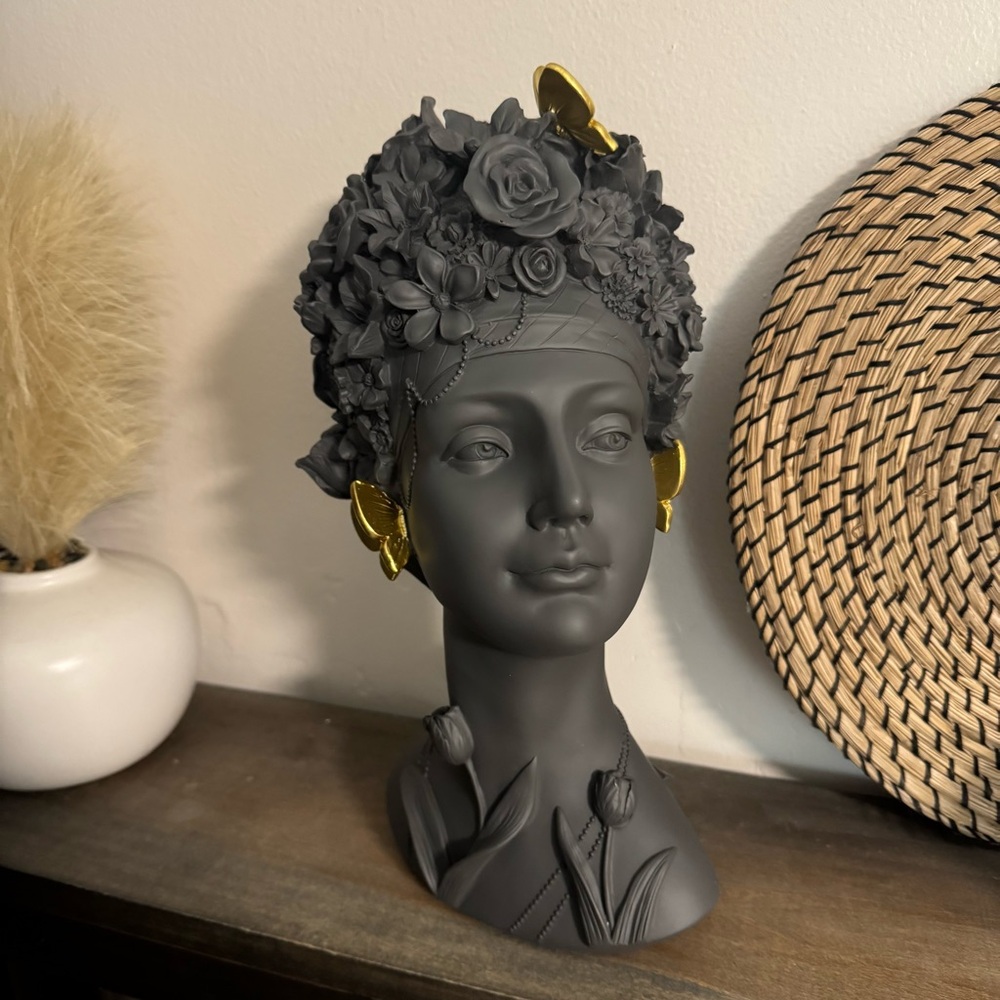 Elegant Black and Gold Female Bust Sculpture with Gold Butterflies NEW